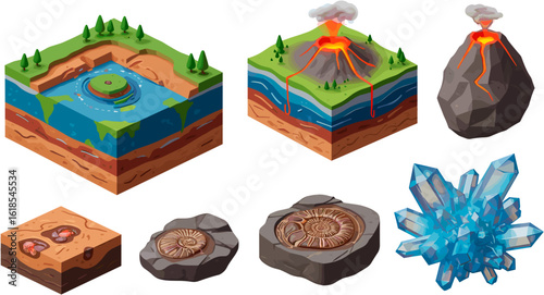 Isometric Illustrations Representing Geological Cross Sections, Fossils, and Crystals For Educational Resources
