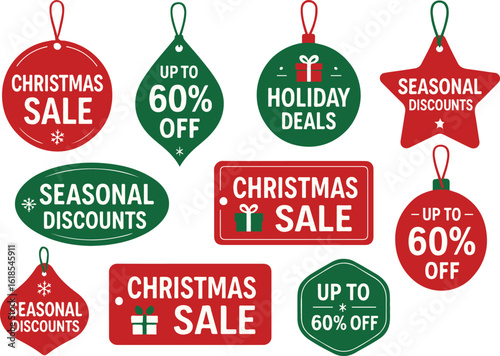 Christmas sale and discount tags isolated on white background