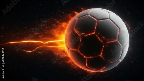 A soccer ball engulfed in flames with a dark background and glowing light streaks around