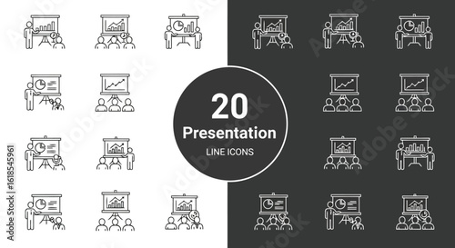Twenty Line Icons Of Business Presentations And Meetings line art