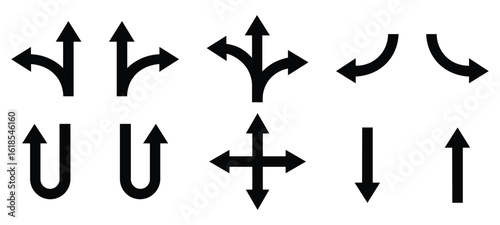 A collection of various direction arrow. Road navigation arrows. Flat style Arrows in different directions isolated. Driving direction mark, location point crossroad. Vector illustration.