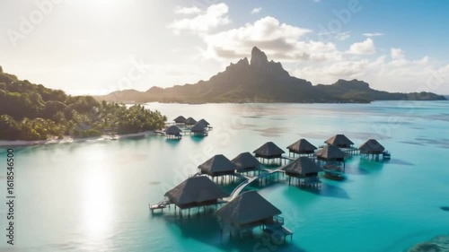 Aerial view of bungalows on turquoise water with mountain backdrop under blue sky