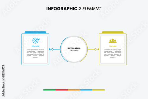Minimalist 2-element infographic template with central circle and connected data boxes. Perfect for presentations, comparisons, or two-step processes.
