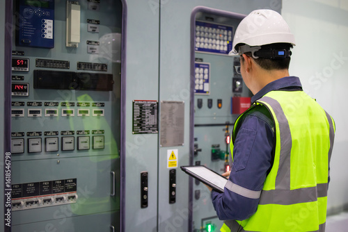 Power station engineer working with control panel wearing safety helmet and reflective vest in industrial environment focused on task