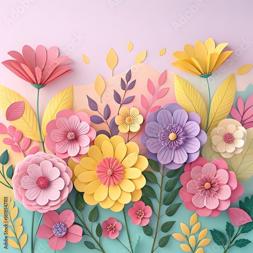  colorful 3D paper flowers and leaves on pastel background.