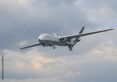 Military drone in flight against cloudy sky. Perfect for tech or defense ads, highlighting advanced technology.