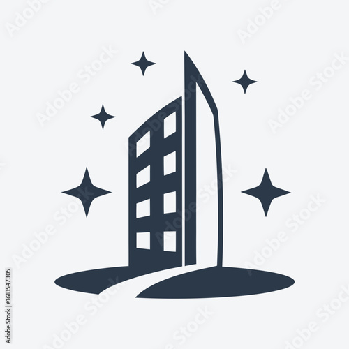 Modern Building Logo with Clean Path and Sparkle Icons Vector.