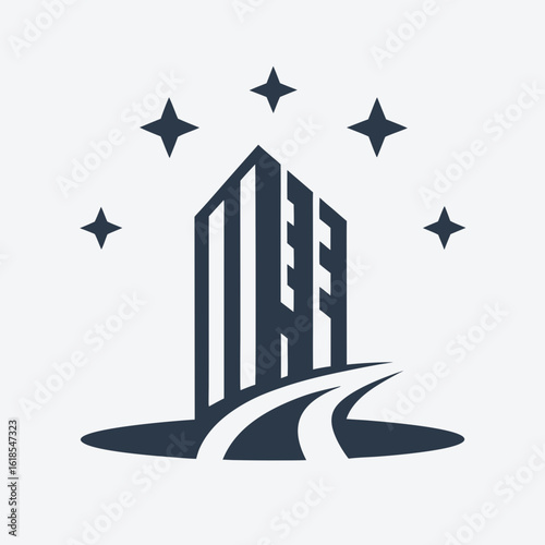 Modern Building Logo with Clean Path and Sparkle Icons Vector.