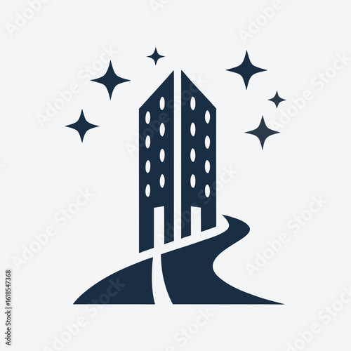 Modern Building Logo with Clean Path and Sparkle Icons Vector.