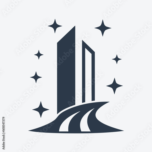 Modern Building Logo with Clean Path and Sparkle Icons Vector.