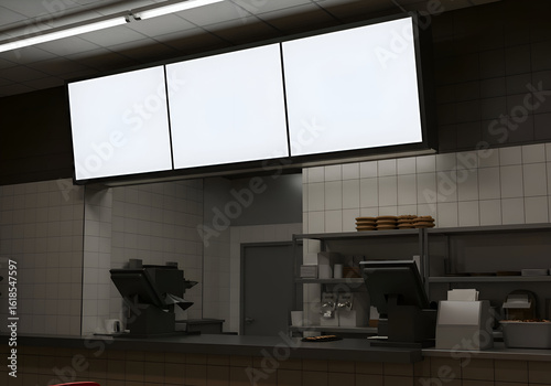 Empty restaurant counter with blank menu boards. Modern fast food establishment interior with empty menu boards and service counters.