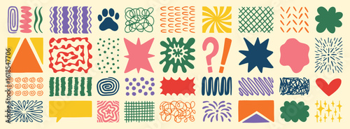 Retro shapes elements set. Abstract paw, star, flower, shapes and stickers. Groovy funky bubble, star, print, lines, waves. Trendy retro 60s, 70s or 90s cartoon colorful style. 