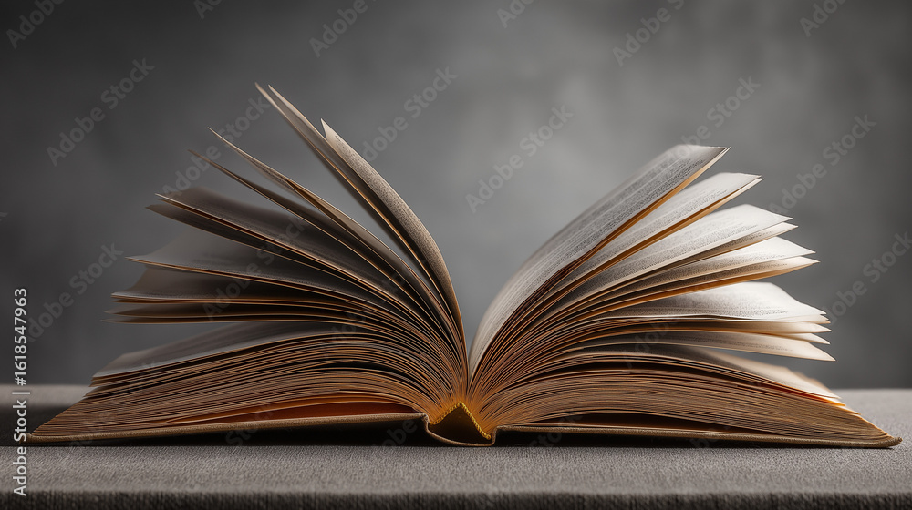 Fototapeta premium open book on gray background, book, education, library, read