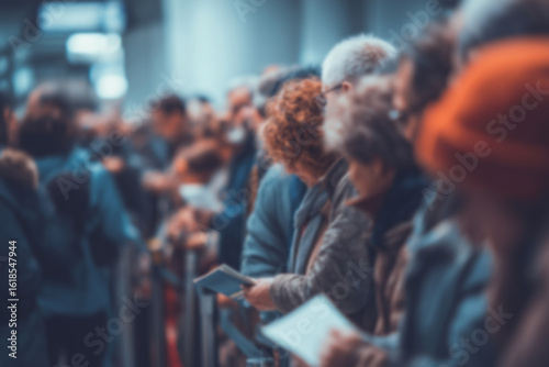 Blurred background of long queue of travelers or immigrants waiting at passport control. International travel, border procedures, global movement, human flow at airports, immigration checkpoints.