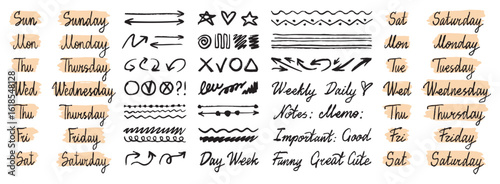 doodle hand drawn lettering days of week. Sunday, Monday, Tuesday, Wednesday, Thursday, Friday and Saturday. Text borders. Stickers for planner, journal. vintage italic handwritten days week clipart.