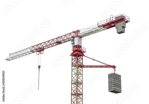 A red and white construction crane stands tall against a transparent background