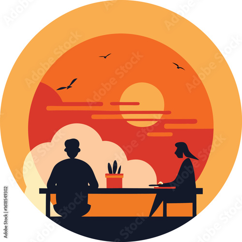 Vector art of teacher and student at desk during sunset