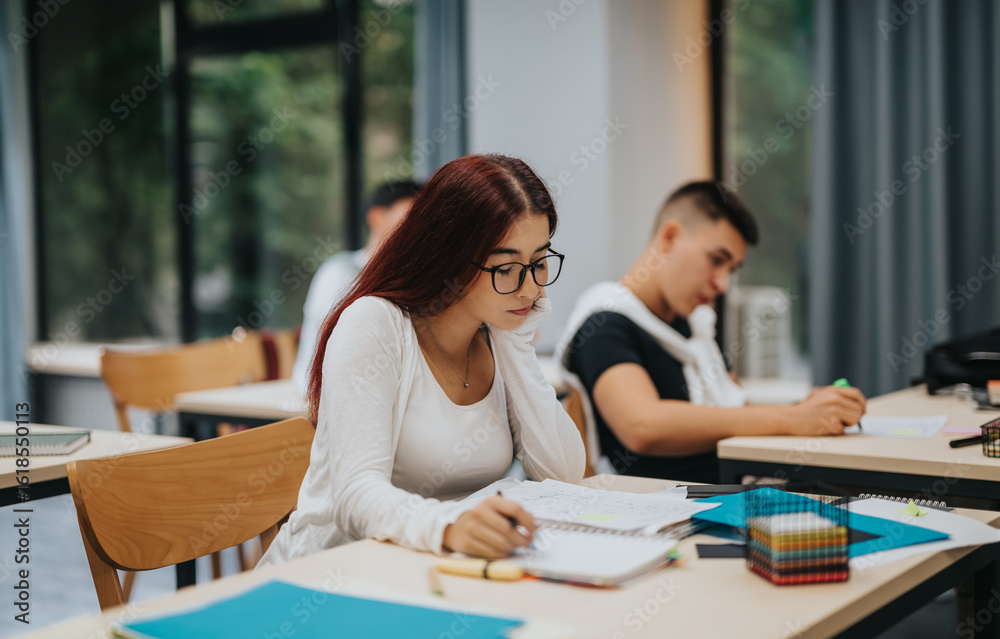 Students engaged in studying at their desks in a classroom environment. The image captures focus and concentration amidst a bright and welcoming academic setting. Students engaged in studying at their desks in a classroom environment. The image captures focus and concentration amidst a bright and welcoming academic setting.
