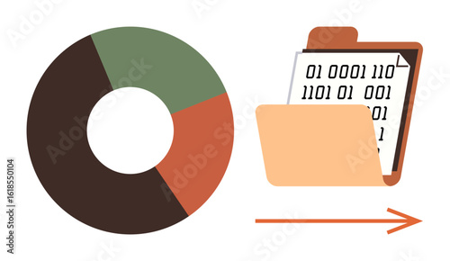 Pie chart showing data distribution next to a folder containing binary code representing digital files. Ideal for data management, technology, analytics, software, organization, statistics, simple