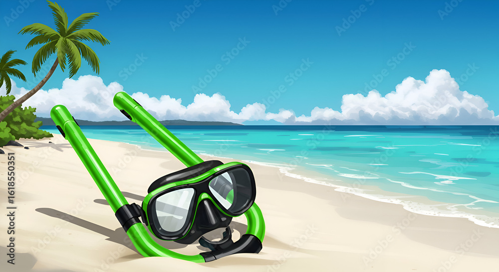 Obraz premium Green snorkel gear on tropical beach with calm ocean. Ideal for travel or water sports ads, highlighting vibrant fun.