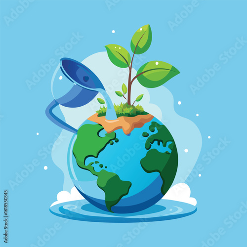 Vector art of watering the earth to promote plant growth and life