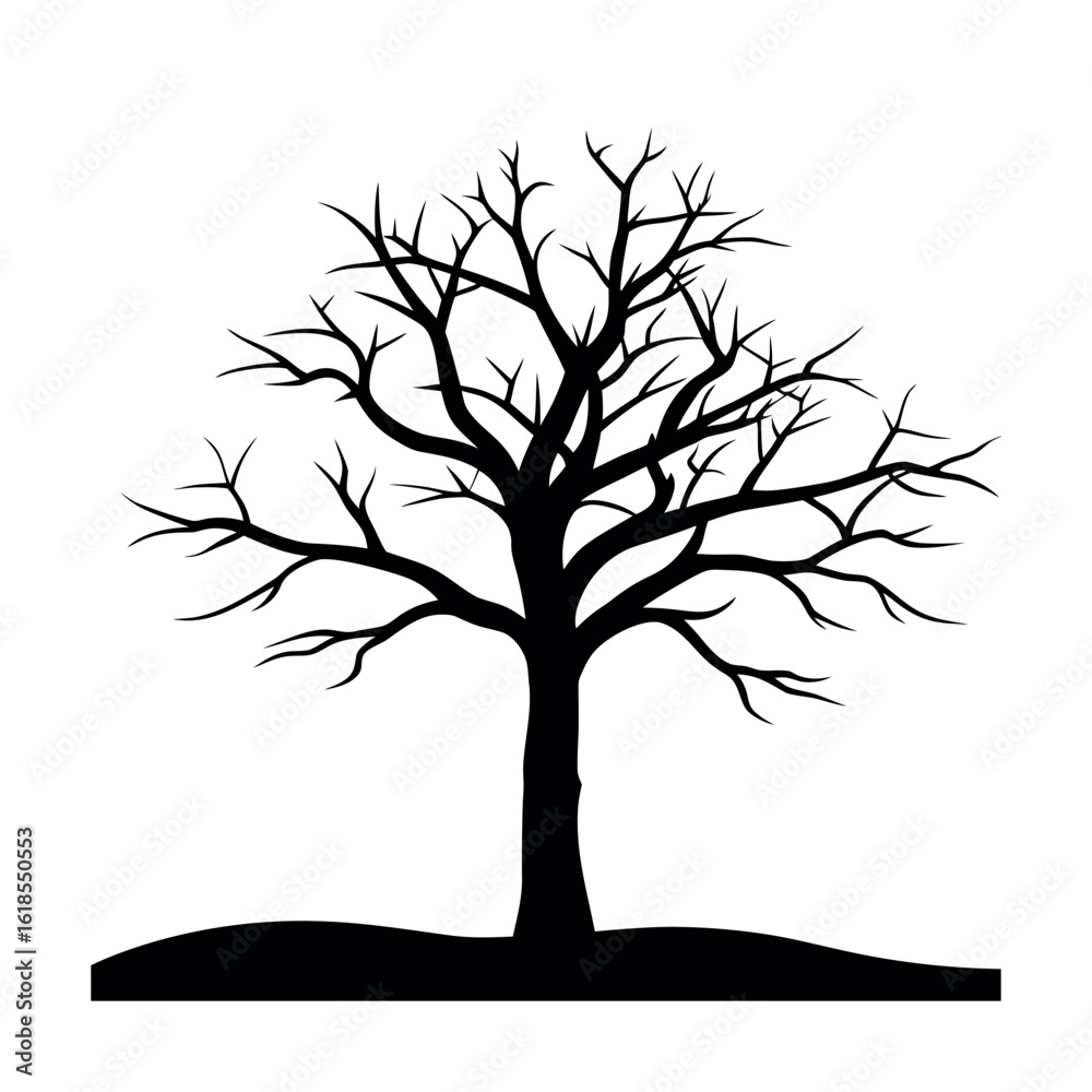 Fototapeta premium Lonely Dry Tree on Plain with Sun Setting in Distance silhouette Art Vector illustration