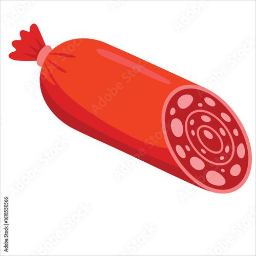 Boiled and smoked sausage set including frankfurter, whole sausage, sliced pork and string sausages. Color food meat dish vector on white