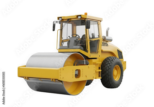 A yellow road roller is ready for construction work isolated on transparent background
