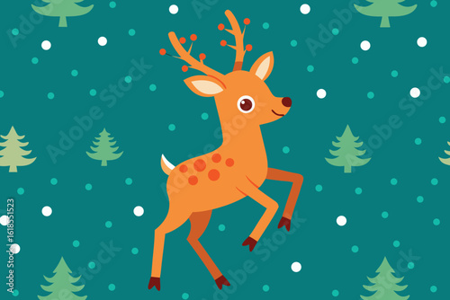  a cute reindeer with antlers is prancing among the christmas trees and snowflakes vector illustration