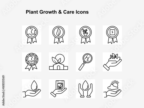 Plant Growth & Eco Farming Outline Icons – Thin Line Nature Care Vector Pack