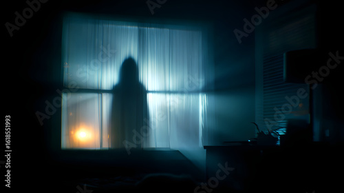 Blurred ghost silhouette in bedroom window at night horror scene on Halloween