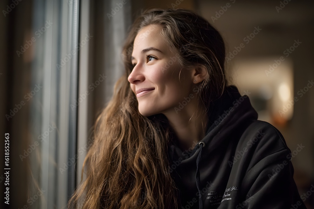 Fototapeta premium A young woman with long, flowing hair stands in a dimly lit room, gazing out of a sunlit window with a contemplative expression