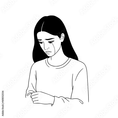 Sad young woman cries looking down, emotional distress