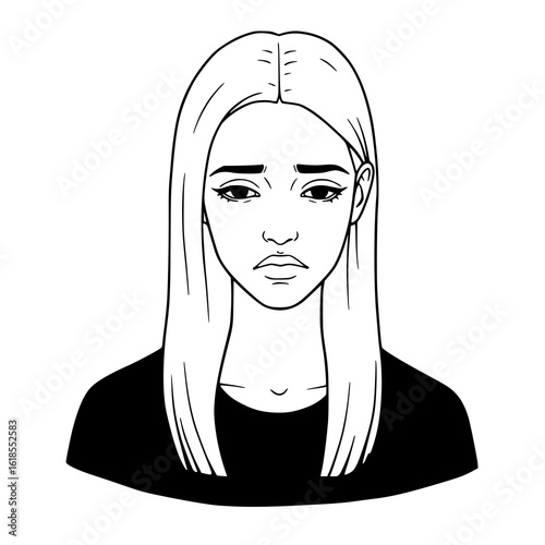 Sad woman's portrait with long hair, black shirt