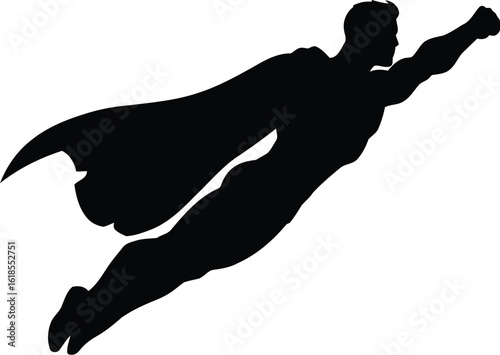 Vector illustration of a superhero flying silhouette with a cape, isolated on a white background