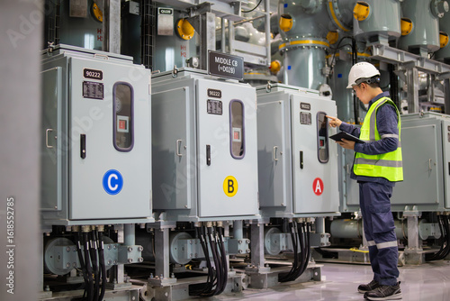 Bild auf Leinwand Power circuit breaker inspection at substation with technician wearing safety he