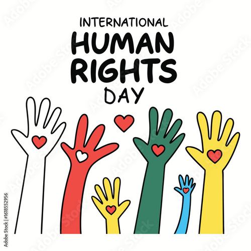 Vector art of international human rights day with raised hands and hearts