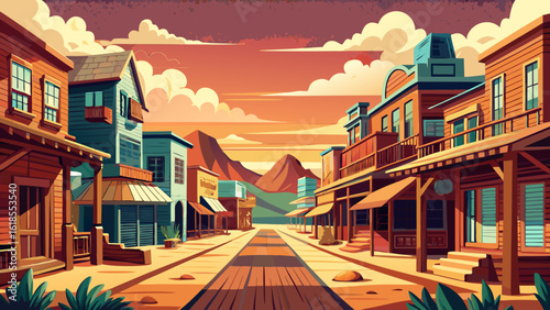 An old cowboy western town with saloons, created using generative design, stretches beneath bold skies. Semi-realistic vector style captures dusty roads, wooden facades, and timeless frontier characte