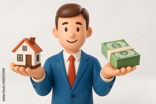 3D Character Holding House and Money for Financial Decision Concept