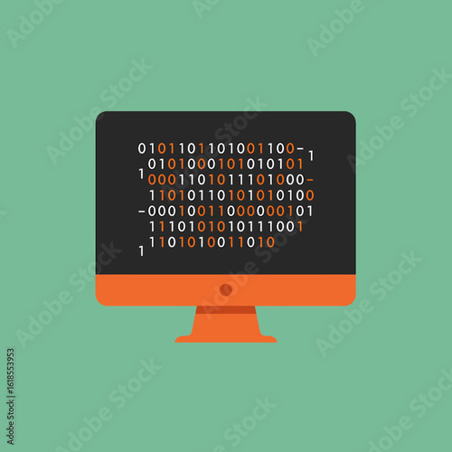 Stylized computer monitor displaying binary code with orange highlights against a light green background.