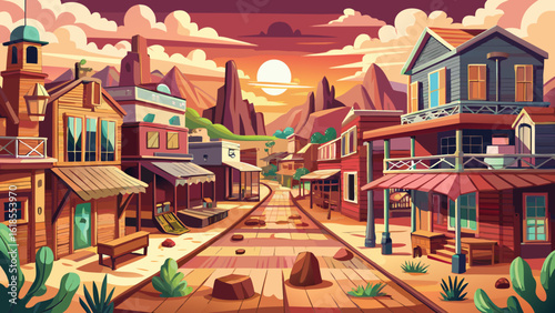 An old cowboy western town with saloons, created using generative design, stretches beneath bold skies. Semi-realistic vector style captures dusty roads, wooden facades, and timeless frontier characte