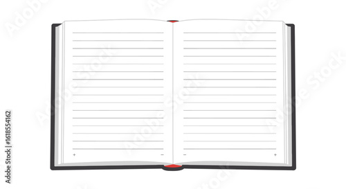 Open Lined Notebook with Black Cover and Red Spine Detail.