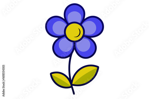 Simple cartoon blue flower with yellow center and green leaves