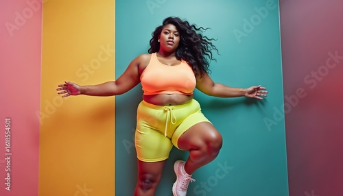 Plus-size woman exercising confidently against vibrant striped background