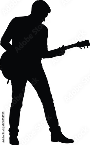Vector illustration of a man playing a guitar silhouette, isolated on a white background