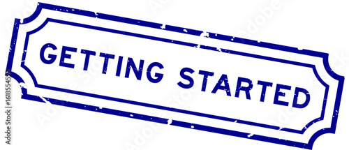 Grunge blue getting started word rubber seal stamp on white background