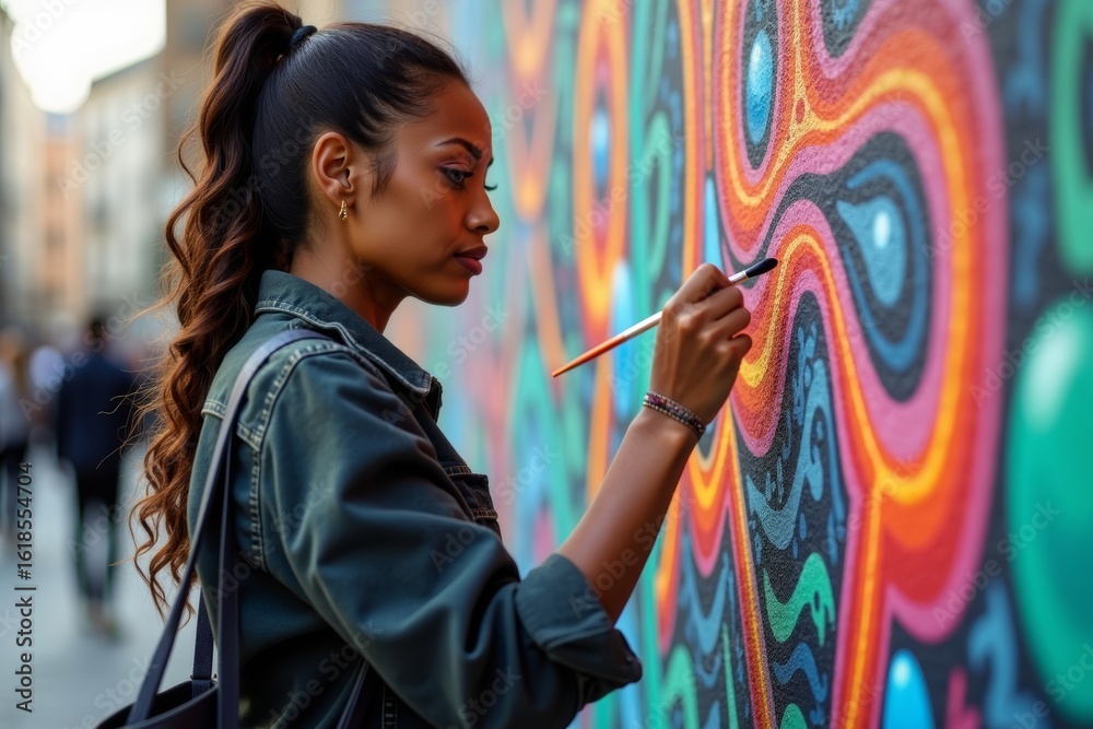 Obraz premium Close-Up of Female Artist Creating Colorful Mural on Building Facade.
