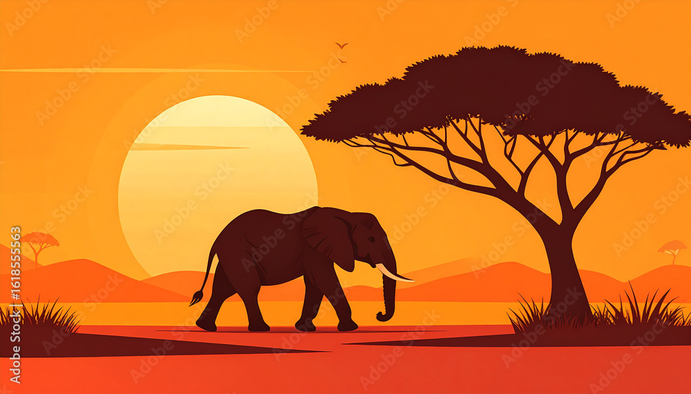 Fototapeta premium Minimalist flat design of an elephant silhouette walking under a tree with a warm sunset gradient background