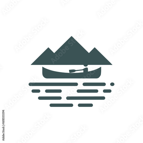 Tranquil lake scene with a lone canoeist paddling amidst serene mountains and reflections