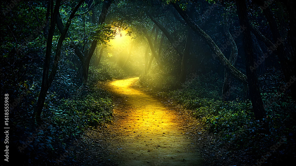 Obraz premium Glowing Path In Dark Mystical Forest